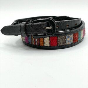 Vintage Indian Blanket Inset Black Leather Removable Buckle Waist Belt 25"-29"